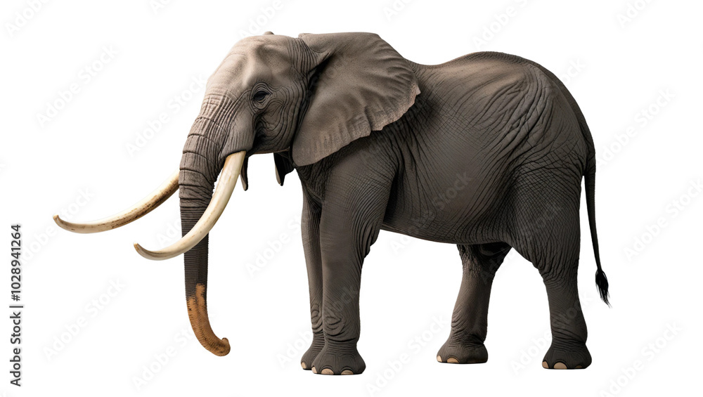 Obraz premium African Elephant Isolated on White. Large male African elephant with long curved tusks