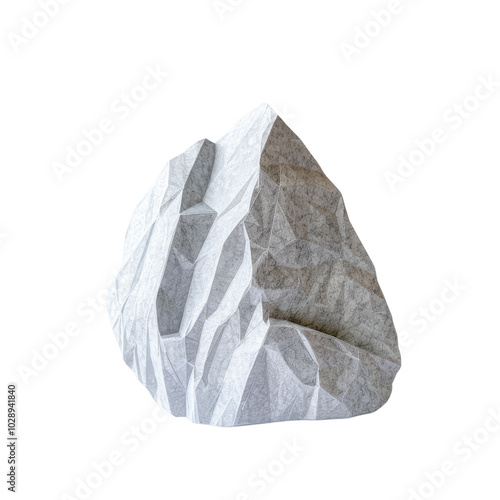 Modern geometric stone sculpture isolated on a white background, showcasing intricate angles and textures for art or design projects. photo