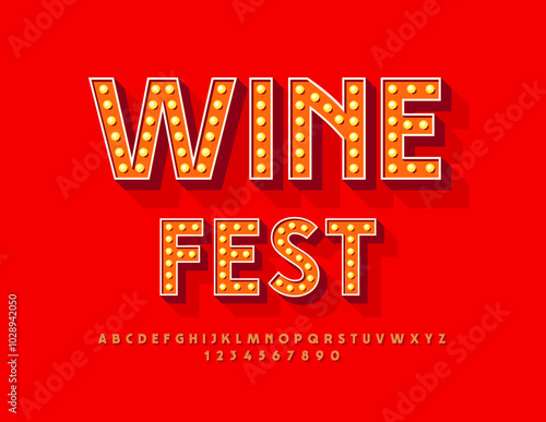 Vector cool sign Wine Club. Illuminated light bulbs Font. Vintage Lamp Alphabet Letters and Numbers set. 