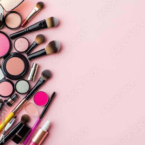 Decorative cosmetics, makeup products and brushes on light pink background