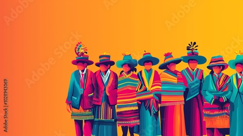 Bolivian traditional costume, Andean festival, colorful scene, flat design illustration