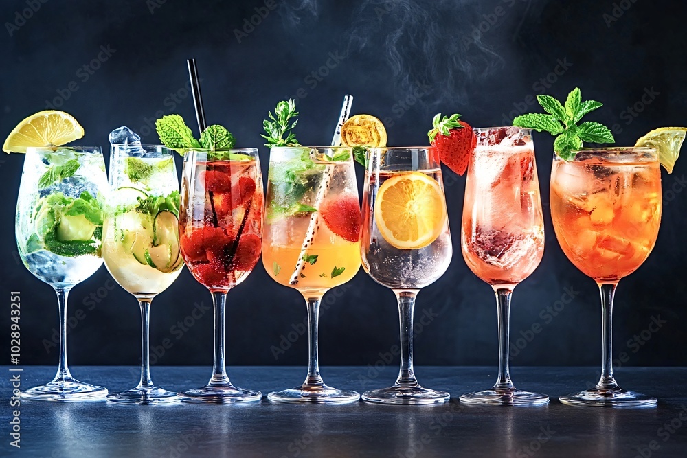 Seven colorful cocktails are standing in a line on a bar top, with a dark background behind them. The cocktails are garnished with fresh fruit, herbs, and straws Seven colorful cocktails are standing in a line on a bar top, with a dark background behind them. The cocktails are garnished with fresh fruit, herbs, and straws
