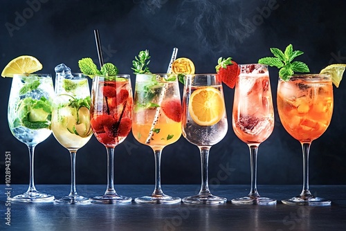 Wallpaper Mural Seven colorful cocktails are standing in a line on a bar top, with a dark background behind them. The cocktails are garnished with fresh fruit, herbs, and straws Torontodigital.ca