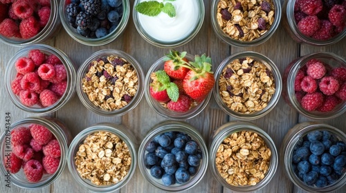 An overhead perspective of colorful granola mixes in glass jars, arranged neatly on a warm wooden table, with a backdrop of fresh berries and yogurt for a healthy breakfast.