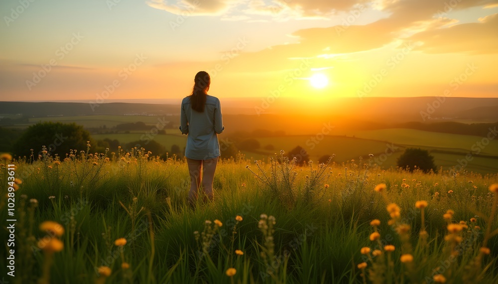 Fototapeta premium A person stands in a field at sunset, symbolizing self-reflection and inner peace.