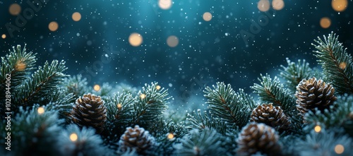 Pine Branches Covered In Snow And Falling Snowflakes, Horizontal Winter Holiday Evergreen Christmas Tree