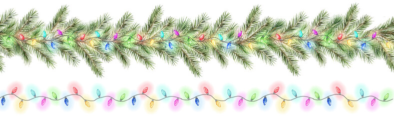 Watercolor decorative seamless border. Christmas colorful garland with lights and fir branches. Universal artistic template for greeting cards, New year invitations. Hand painted illustration.