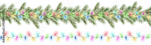 Watercolor decorative seamless border. Christmas colorful garland with lights and fir branches. Universal artistic template for greeting cards, New year invitations. Hand painted illustration.
