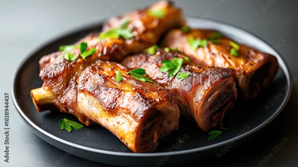 Plate of barbecued ribs garnished with fresh parsley, presented on a black dish with a dark background Plate of barbecued ribs garnished with fresh parsley, presented on a black dish with a dark background
