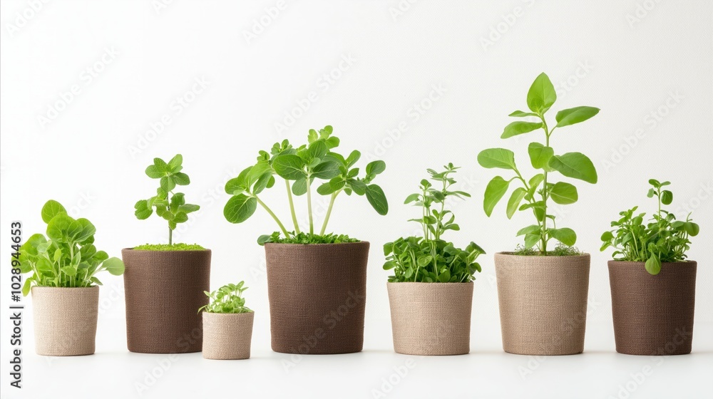 Various potted herbs growing in simple textured pots, arranged neatly in a row against a clean white background Various potted herbs growing in simple textured pots, arranged neatly in a row against a clean white background