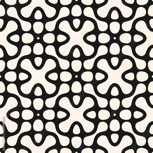 Vector abstract geometric texture. Monochrome seamless pattern with curved lines, floral silhouettes, organic shapes, dots, grid, lattice. Simple black and white background. Repeatable geo design