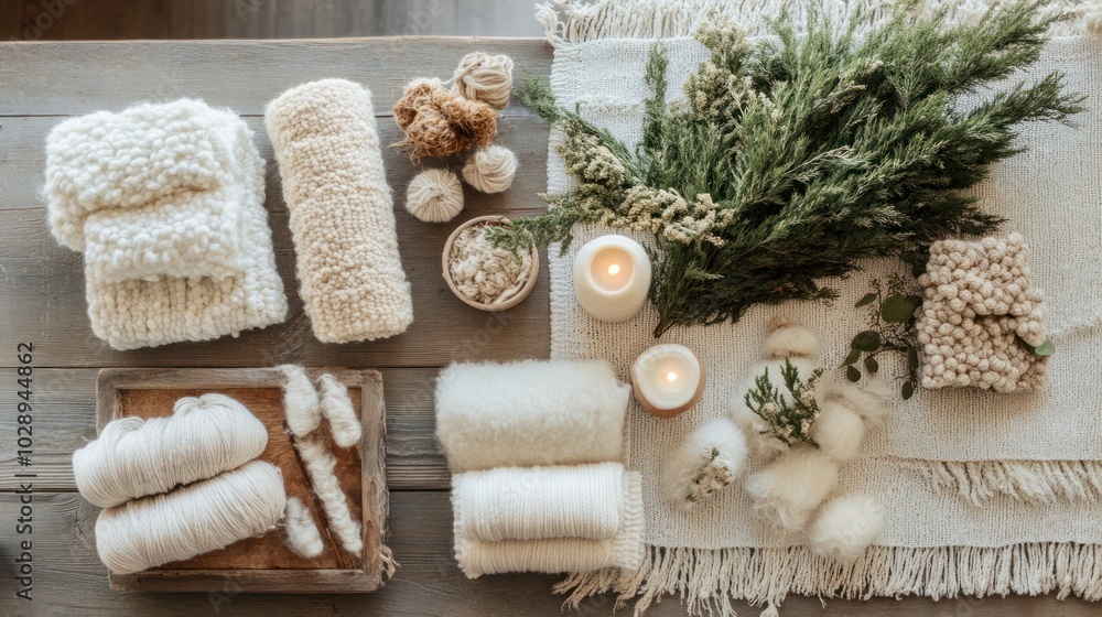 Naklejka premium A flat lay with white yarn, candles, and greenery on a wooden table.