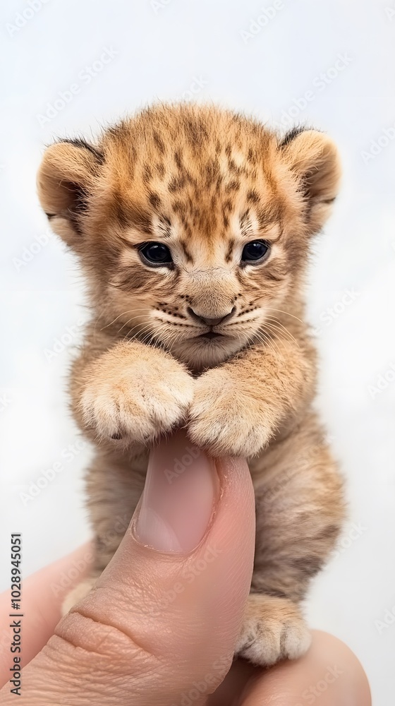 Obraz premium Cute Miniature Lion Cub in Palm and Fingertip, Photo Realistic, Texture, Pattern Background, Wallpaper, Cover and Screen for Smartphone, PC, Laptop, 9:16 and 16:9 Format