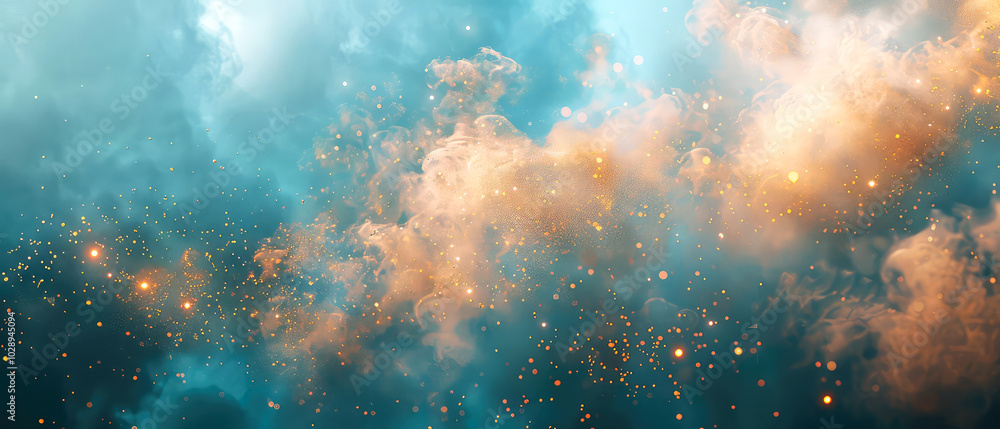 Shiny, glowing background with blue swirl of smoke, golden dust, shimmer, particles. Steam effect. Smoky mockup for celebrating. Generative ai Shiny, glowing background with blue swirl of smoke, golden dust, shimmer, particles. Steam effect. Smoky mockup for celebrating. Generative ai