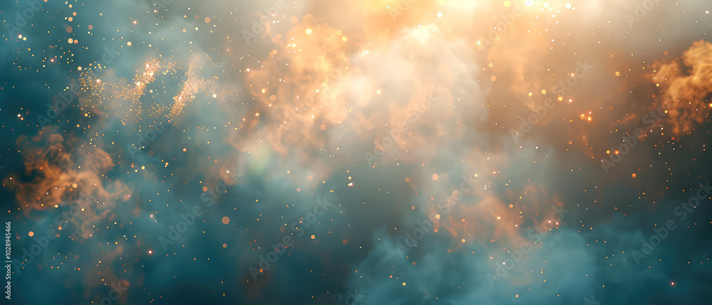 Naklejka premium Shiny, glowing background with blue swirl of smoke, golden dust, shimmer, particles. Steam effect. Smoky mockup for celebrating. Generative ai