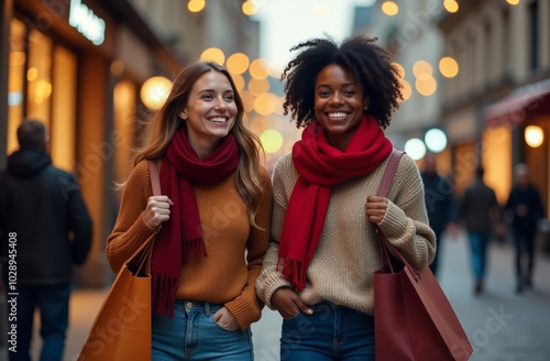 two happy women, friends, walking with shopping bags