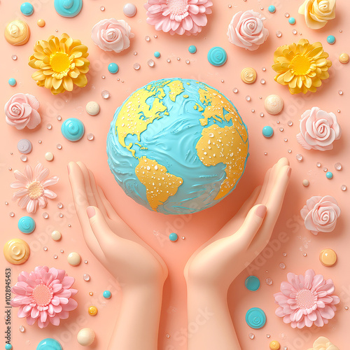 Illustration for Global Handwashing Day: Hands Safeguarding the Globe with Flowers in the Background
