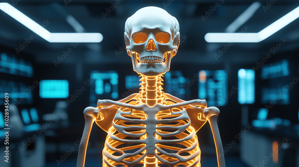 A detailed anatomical skeleton displayed in a modern lab environment ...