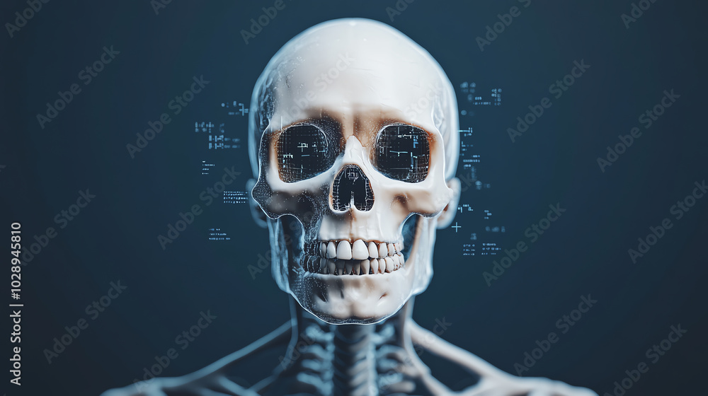 A detailed representation of a human skull, highlighting the intricate structures and features, against a dark background, perfect for educational and scientific use. A detailed representation of a human skull, highlighting the intricate structures and features, against a dark background, perfect for educational and scientific use.