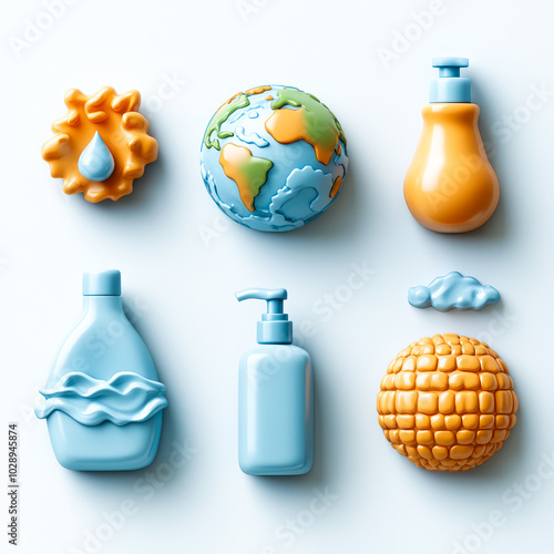 3D Icon Set for Global Handwashing Day: Globe, Handwash, and Germs Symbols in a Clean, Modern Design