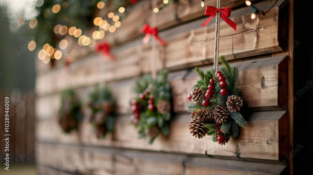 Festive wreaths adorned with red ribbons and pinecones hang on wooden wall, creating warm and inviting holiday atmosphere. soft glow of lights adds to cheerful ambiance Festive wreaths adorned with red ribbons and pinecones hang on wooden wall, creating warm and inviting holiday atmosphere. soft glow of lights adds to cheerful ambiance