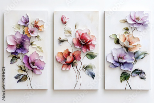 Oil paintings artwork, floral spring summer triptych, blooming flowers