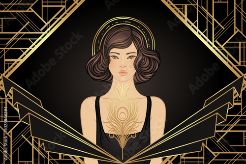 Retro fashion, glamour girl of twenties. Asian pretty woman. Vector illustration. Flapper 20s style. Vintage party invitation design template. Fancy asian lady.