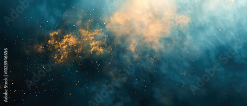 Shiny, glowing background with blue swirl of smoke, golden dust, shimmer, particles. Steam effect. Smoky mockup for celebrating. Generative ai 