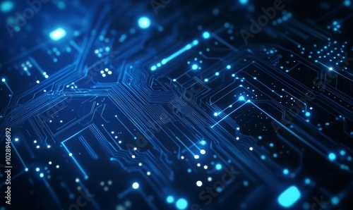 Modern illustration of a circuit board on a blue abstract technology background.