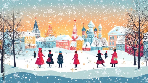 Russian sarafan, winter scene, cultural festival, flat design illustration