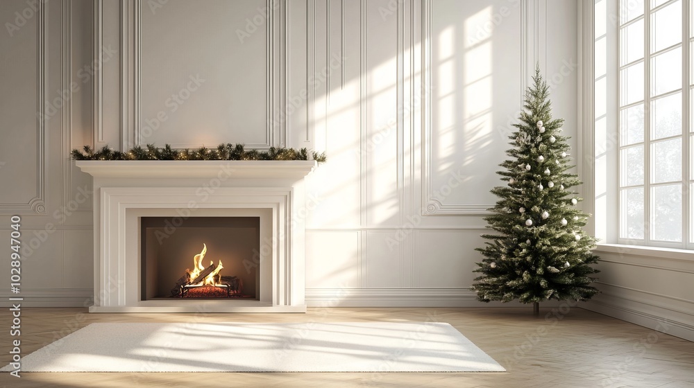 Christmas tree standing beside a fireplace in an empty room with white rug in front. High-quality photography and photorealistic rendering capture the serene holiday setting. Christmas tree standing beside a fireplace in an empty room with white rug in front. High-quality photography and photorealistic rendering capture the serene holiday setting.