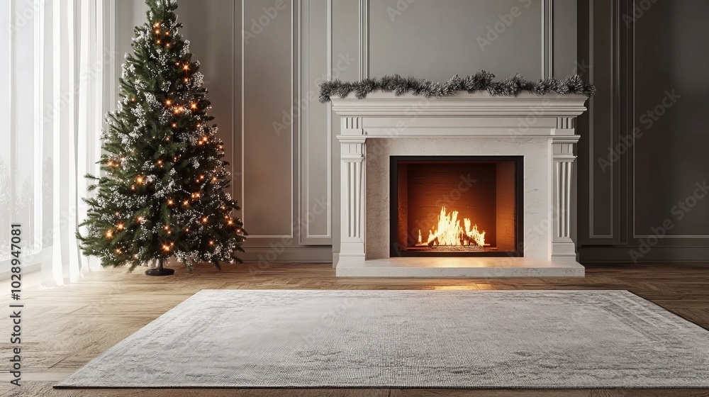Christmas tree standing beside a fireplace in an empty room with white rug in front. High-quality photography and photorealistic rendering capture the serene holiday setting. Christmas tree standing beside a fireplace in an empty room with white rug in front. High-quality photography and photorealistic rendering capture the serene holiday setting.