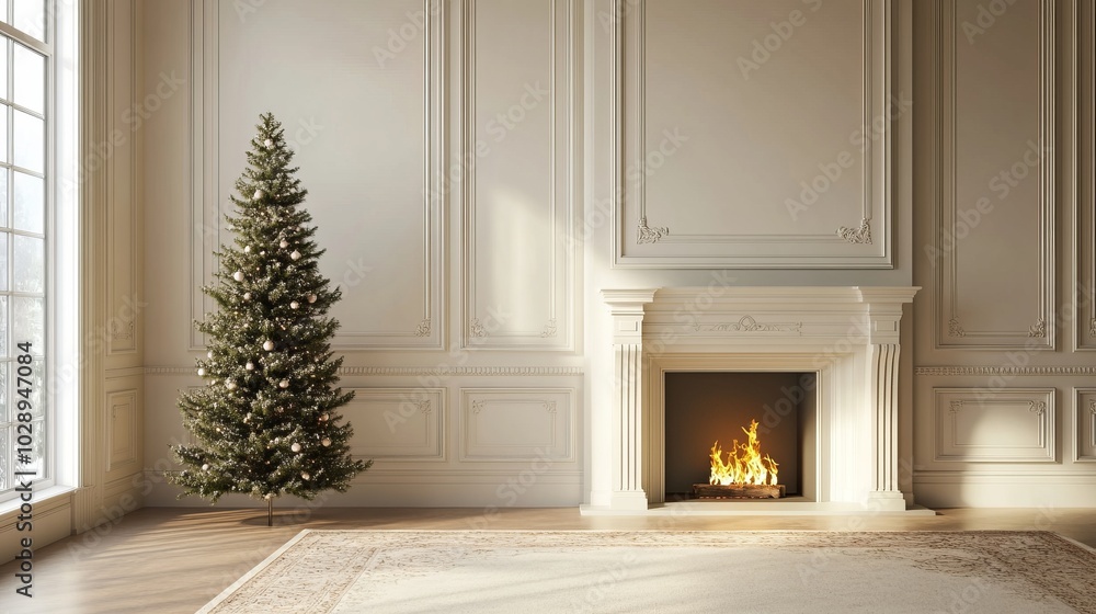 Christmas tree standing beside a fireplace in an empty room with white rug in front. High-quality photography and photorealistic rendering capture the serene holiday setting. Christmas tree standing beside a fireplace in an empty room with white rug in front. High-quality photography and photorealistic rendering capture the serene holiday setting.