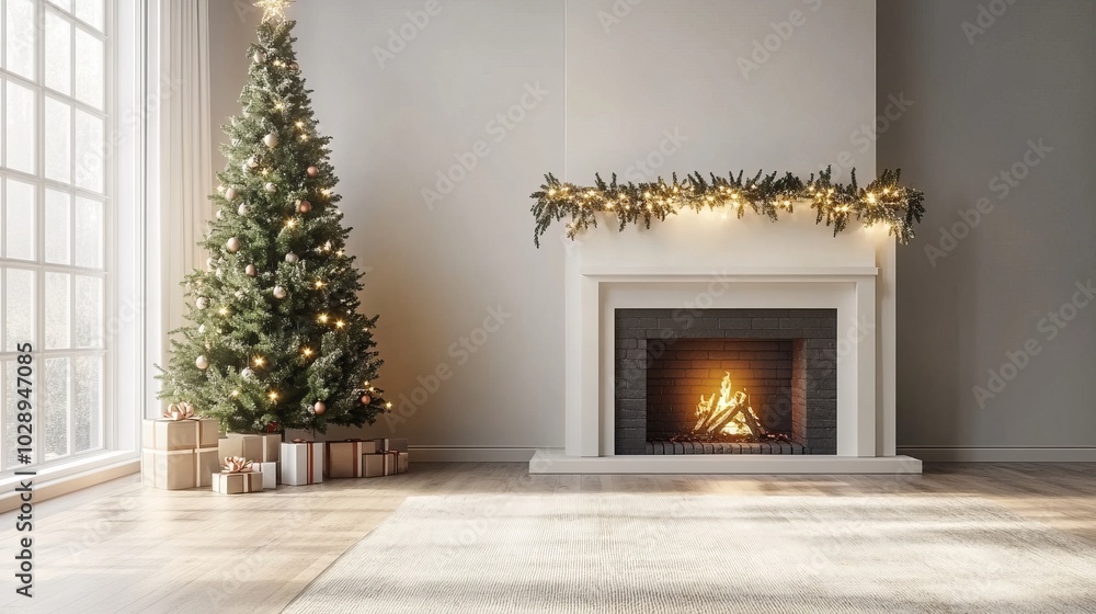 Christmas tree standing beside a fireplace in an empty room with white rug in front. High-quality photography and photorealistic rendering capture the serene holiday setting. Christmas tree standing beside a fireplace in an empty room with white rug in front. High-quality photography and photorealistic rendering capture the serene holiday setting.