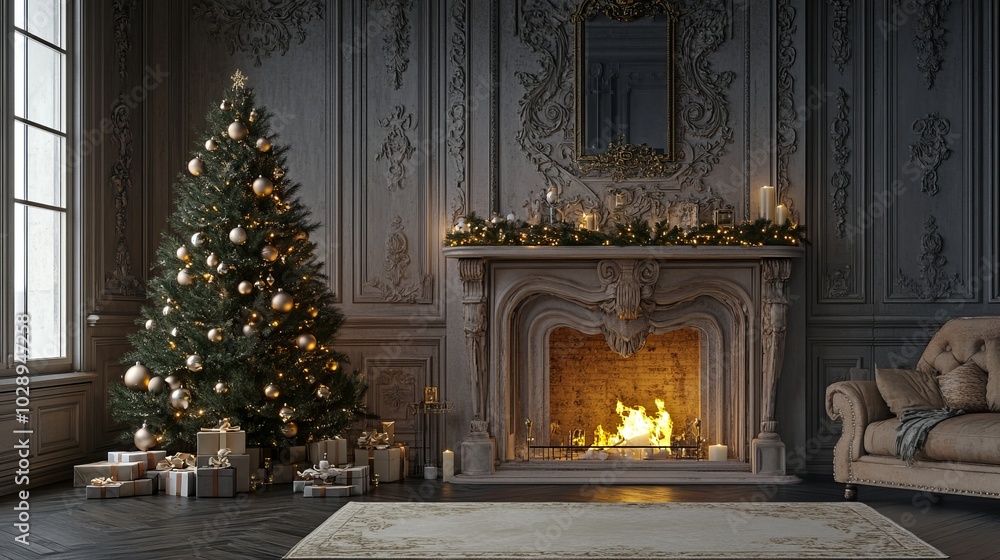 Christmas tree standing beside a fireplace in an empty room with white rug in front. High-quality photography and photorealistic rendering capture the serene holiday setting. Christmas tree standing beside a fireplace in an empty room with white rug in front. High-quality photography and photorealistic rendering capture the serene holiday setting.