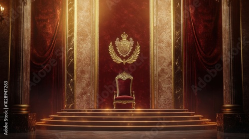 A regal podium setup with velvet and gilded accents, bathed in soft golden light, surrounded by royal insignia on a rich burgundy backdrop.