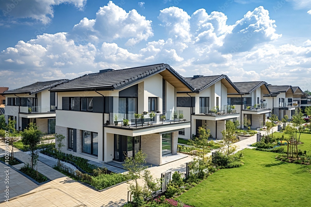 Beautiful modern suburban houses forming a newly developing residential neighborhood on a sunny summer day with blue sky and white clouds Beautiful modern suburban houses forming a newly developing residential neighborhood on a sunny summer day with blue sky and white clouds