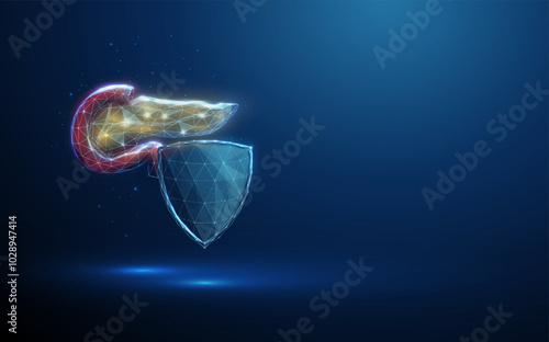 Abstract red and yellow pancreas behind a futuristic guard shield. Healthcare protection medical concept. Low poly digital neon style