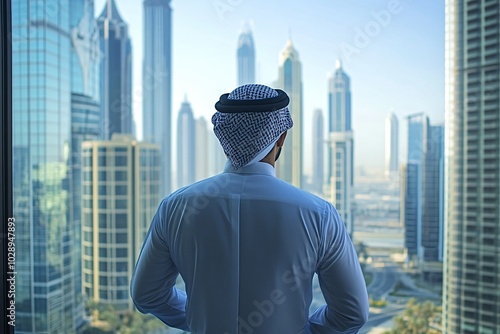 Arab businessman gazes out a window at dubai's modern cityscape, reflecting on success and business opportunities photo