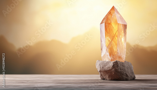 Stunning orange crystal on a stone, glowing softly in a warm light. photo