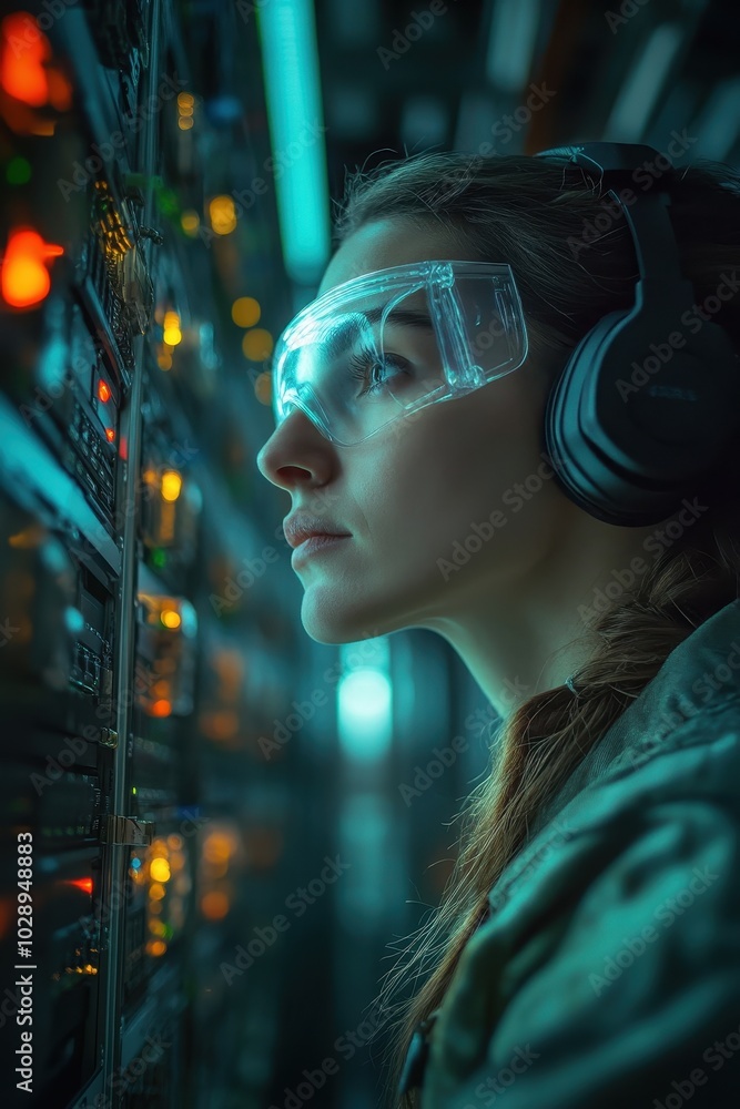 Female Engineer in Data Center Wearing Protective Gear and Headphones, Focused on Server Maintenance and Technology Operations Female Engineer in Data Center Wearing Protective Gear and Headphones, Focused on Server Maintenance and Technology Operations