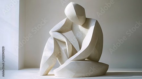 Abstract sculpture of a faceless figure sitting on geometric shapes