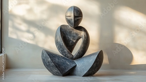 Abstract sculpture of a faceless figure sitting on geometric shapes