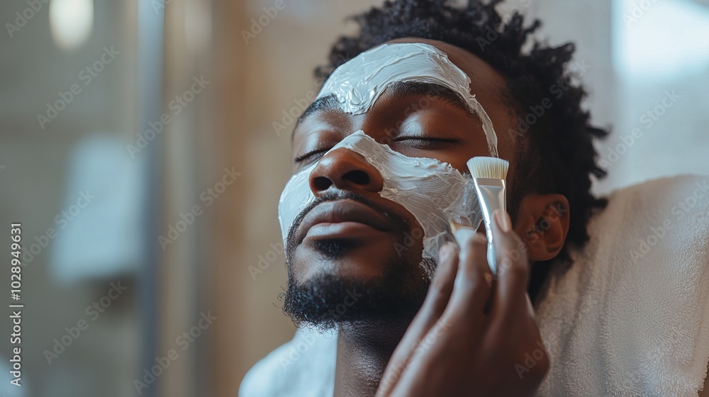 Black man in pajama applying a face mask with brush on bathroom Black man in pajama applying a face mask with brush on bathroom