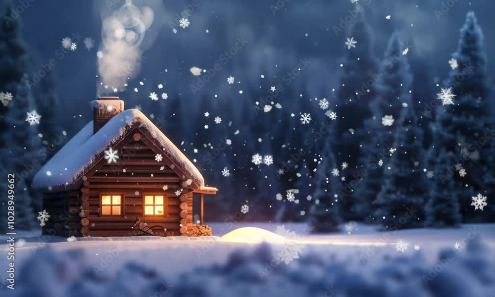 Cozy Wooden Cabin in Snowy Forest at Night with Warm Light and Smoke from Chimney Cozy Wooden Cabin in Snowy Forest at Night with Warm Light and Smoke from Chimney