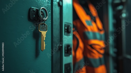 A close-up view of a key hanging from a locker, with an orange safety vest visible in the background, emphasizing organization and security in a workspace.