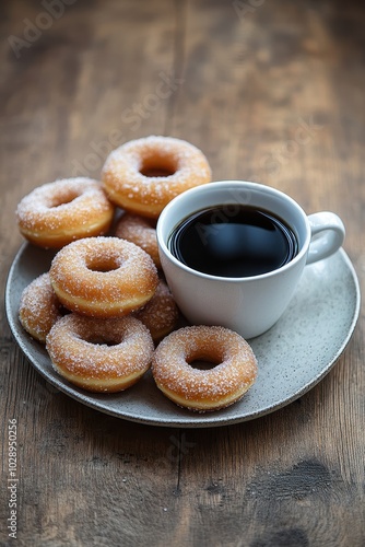 Delicious Sugar-Coated Donuts with Fresh Black Coffee on Rustic Wooden Table for Breakfast or Snack Time