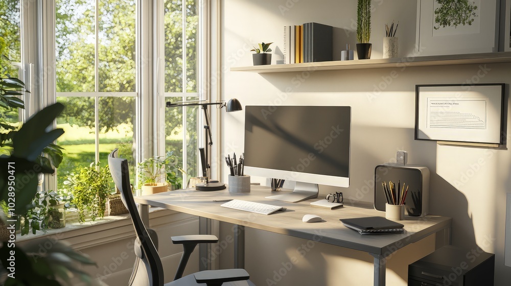 A modern home office with a desk, computer, and a view of a garden through a large window. A modern home office with a desk, computer, and a view of a garden through a large window.