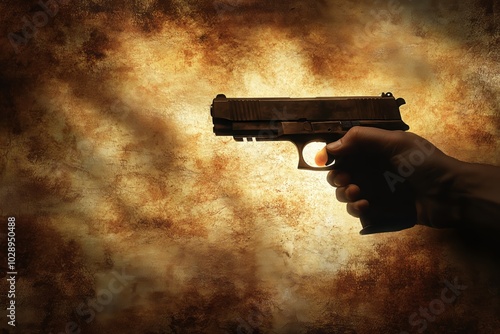 A powerful image of a hand holding a pistol against a textured, grunge background, suitable for projects related to crime, danger, or self-defense. Suspense concept