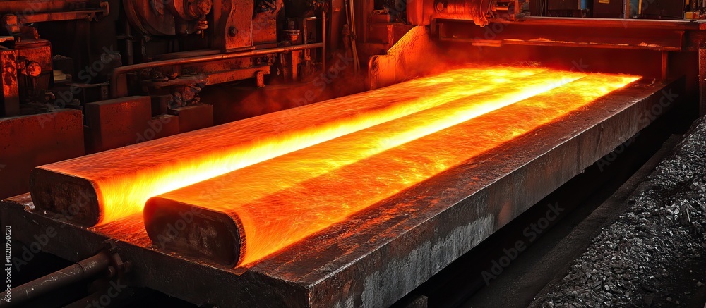 Molten Metal Flowing on a Conveyor Belt in a Steel Mill Molten Metal Flowing on a Conveyor Belt in a Steel Mill